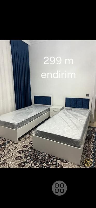 İki ədəd tək nəfərlik çarpayı dəsti - Rəng: ağ korpus, tünd mavi