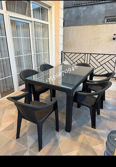 heyet gulleri ve adlari: Həyət/bağ üçün mebel dəsti: - Komplekt: 1 masa + 6 stul - Masa ölçüsü — 9