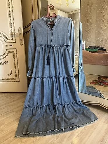 Bohem tərzində uzun cins (denim) don - Rəng: açıq mavi/washed denim -