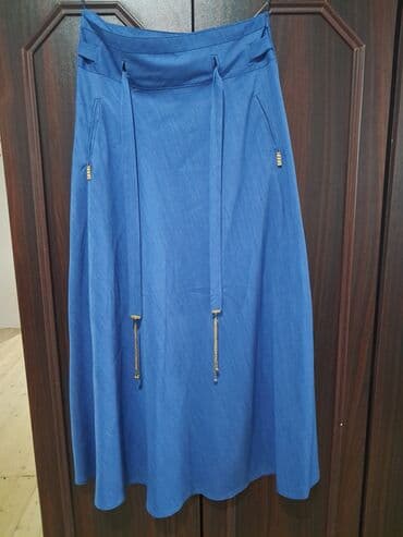 ciddi qadın ətəkləri: Mavi rəngli qadın ətəyi - A-kəsim, dizə yaxın uzunluq - Yüksək bel — 1