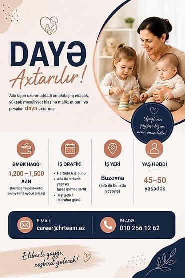 coban axtarılır: Dayə tələb olunur, 46 yaşdan yuxarı, 3-5 illik təcrübə, 6/1 — 1