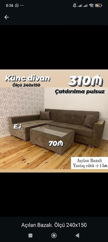 taxta stul: Künc divan – ölçü 240x150. - Açılan, bazalı konstruksiya - Yumşaq — 1