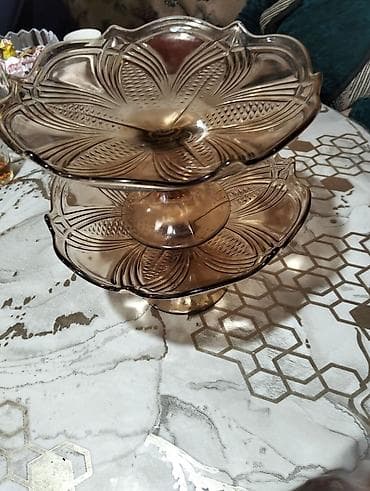 cay dəsmalı: Şüşə şirniyyat/qənnadı qabı – 2 mərtəbəli dəst - Material: qalın — 1