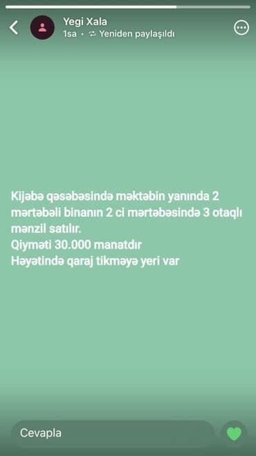 3 комнатная квартира: Kijəbə qəsəbəsində, məktəbin yanında yerləşən 2 mərtəbəli binanın 2-ci — 1