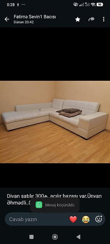 divan satisi: Divan satılır 300₼. açılır bazası var.Ünvan Əhmədli. 0717. Fatimə99 — 1