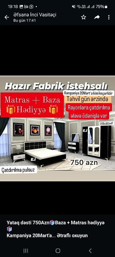 islenmis matras: *Yataq dəsti 750Azn🎁Baza + Matras hədiyyə🎁* *Kampaniya 20Mart'a kimi — 3
