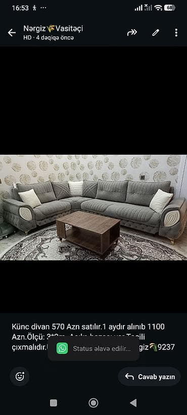 divan olcusu: Künc divan 570 Azn satılır.1 aydır alınıb 1100 Azn.Ölçü: 3*2m. Açılır — 1