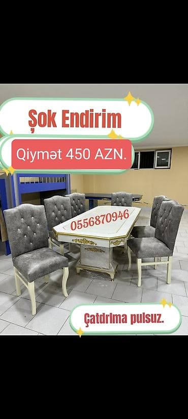 yatağa desti: Qonaq otağı üçün, Yeni, Açılmayan, Dördbucaq masa, 6 stul — 2