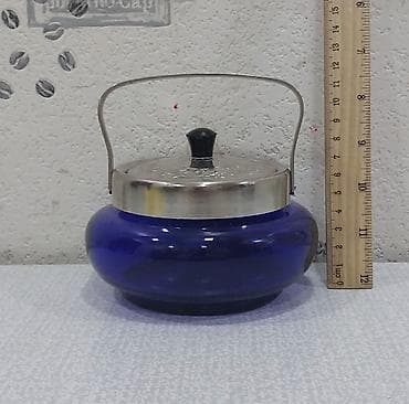 konfet qabi: Qənd qabı Sovet istehsalı Kobalt mavi rəngli şüşə qab – metal qapaqlı — 8