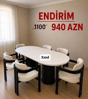 divan olcusu: Oval formalı masa və 6 ədəd kreslo dəsti. - Masa: ağ rəngli, oval üst — 1