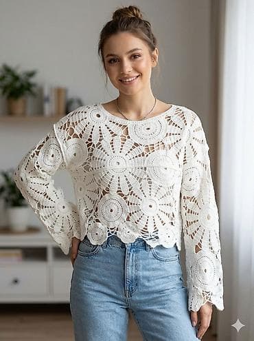 Ağ rəngdə, əl işi görünüşlü krujeva/haşiyəli bluzka. - Model: geniş