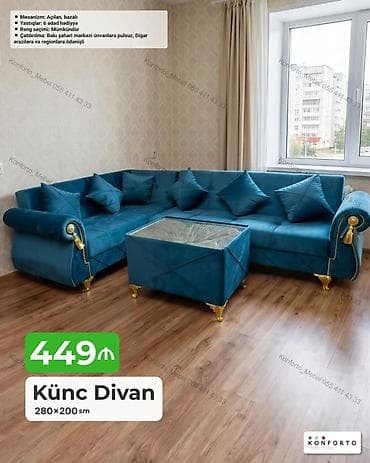 kreditle kunc divanlar: Künc Divan – 280×200 sm - Mexanizm: Açılan, bazalı (yataq funksiyası — 1