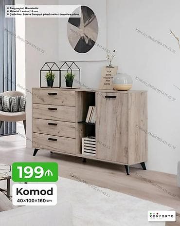 dolap ofis: Komod – 40×100×160 sm - Dizayn: Təbii ağac teksturalı, qara sapfərst — 1
