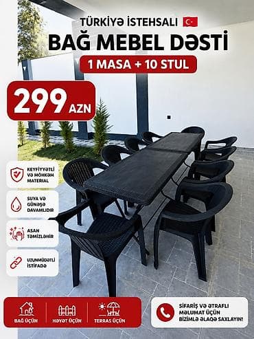 merbex masa: Türkiyə istehsalı bağ mebel dəsti — 1 masa + 10 stul Xüsusiyyətlər: - — 1
