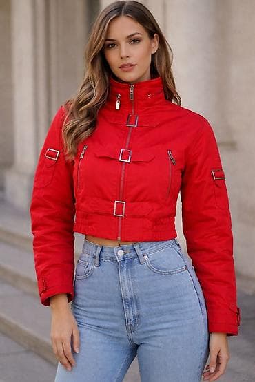 yaz payiz kurtkalari: Kısa qırmızı rəngli kurtka - Model: qısa/krop uzunluq, bədənə oturan — 1