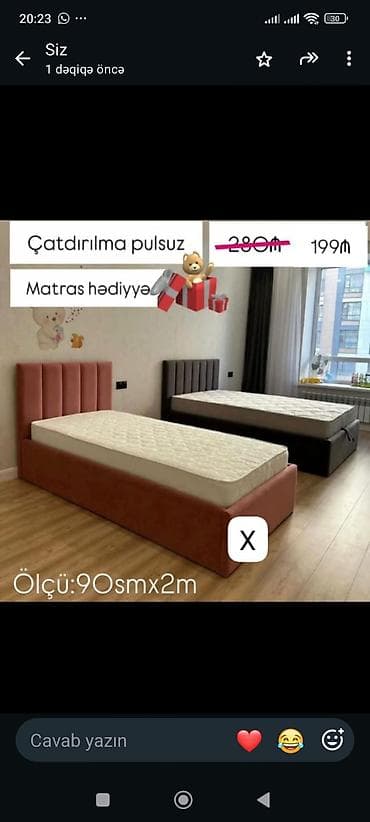 Tək nəfərlik yumşaq başlıqlı çarpayı - Ölçü: 90 sm x 200 sm -