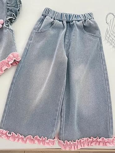 yeni model şalvarlar: Qız uşaqları üçün 3 hissəli dəst - Dəst: 1) Ağ bluz, 2) Cins jilet — 4