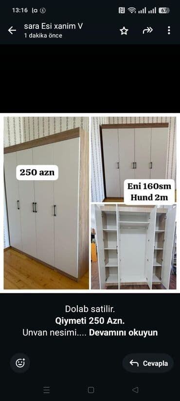 Dolab satilir. *Qiymeti 250 Azn.* Unvan nesimi. Odeniwli catdirilma
