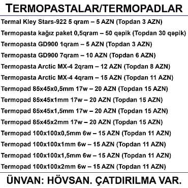 hard disk baku: Termopastalar və Termopadlar 📍Ünvan: Bakı şəh, Suraxanı ray, Hövsan — 2