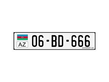 Nömrə nişanı: 06-BD-666 - Ölkə/standart: Azərbaycan (AZ), ağ fonlu