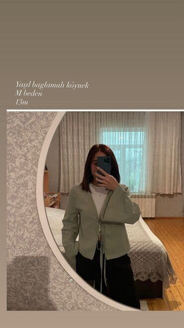 qış qadın koftaları: Qadın geyimləri – M ölçü - Yaşıl bağlamalı köynək: Açıq yaşıl rəng — 1
