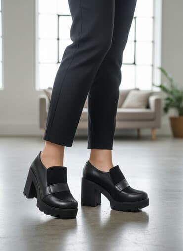 женские мокасины на шнурках: Qadınlar üçün qalın dabanlı ayaqqabı - Rəng: qara - Materil: üst — 1