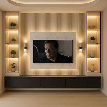 Sifarişlə ev mebeli: Müasir TV divar paneli və media konsolu dizaynı - Dizayn: Minimal və — 7