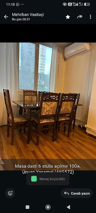Мебель: Masa dəsti 6 stulla açılmır 100₼.
Ünvan Yasamal (AYG572)
Mehi Ⓜ️ — 1