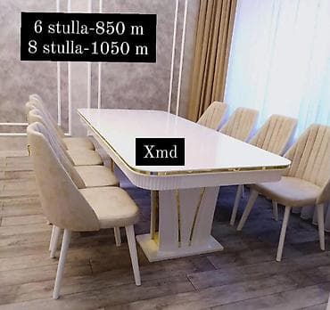 Ağ rəngdə yemək masası və stul dəsti. - Variantlar: 6 stullu və 8