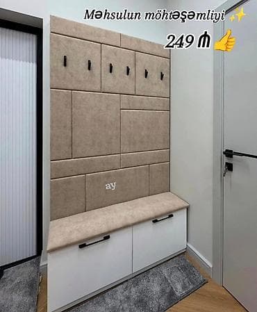 Daxili interyer üçün yumşaq panelli paltar asqılığı və oturacaqlı dəst