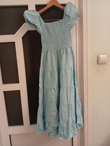 mini etek: Mavi rəngli uzun qadın donu - Model: kvadrat yaxalı, qısa və həcmli — 1
