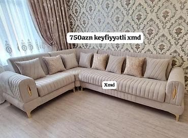 L‑şəkilli yumşaq künc divan - Rəng: açıq bej/krem - Material: məxməri