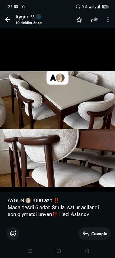 Стулья: AYGUN 🌖1000 azn ‼️ Masa desdi 6 ədəd Stulla satılır acilandi son — 1