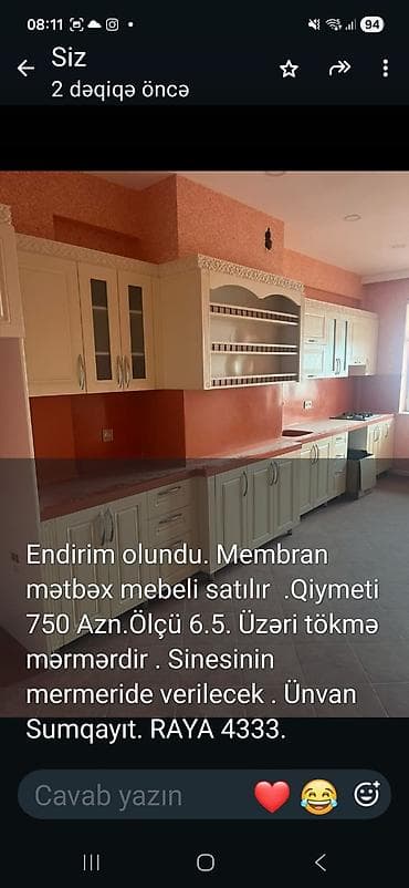 embawood metbex stolu: Membran mətbəx mebeli - Üstü tökmə mərmərdir, sinesinin mərməri də — 1