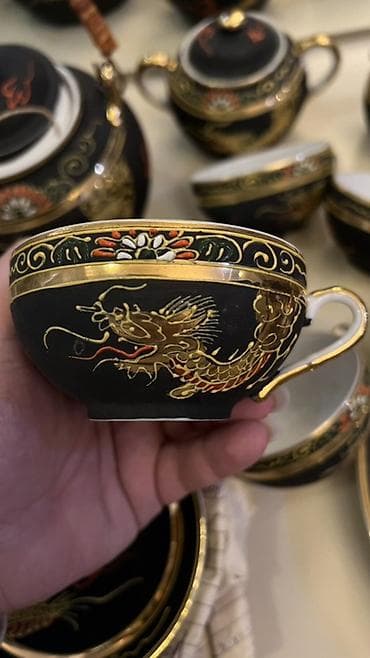 caska destleri: Çay dəsti, rəng - Qara, Farfor, 6 nəfərlik, Yaponiya — 6