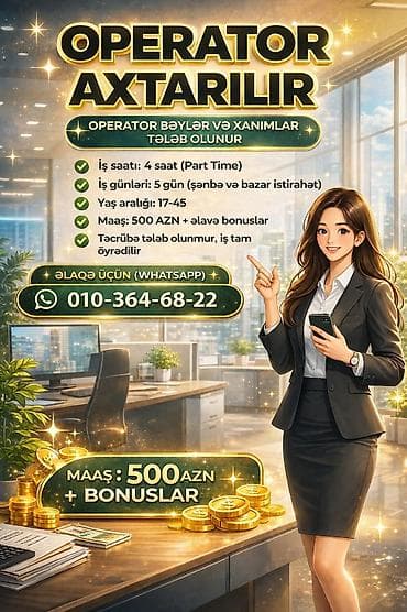 part taym is ilanlari: Çağrı mərkəzi operatoru tələb olunur, 30-45 yaş, Təcrübəsiz, Aylıq ödəniş — 1
