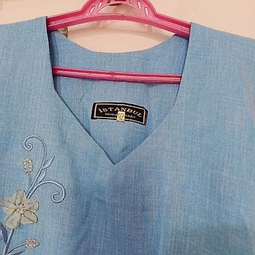 Dəstlər, kostyumlar: Mavi rəngli hamilə qadın şalvarlı tunikalı dəst(1-2 dəfə ancaq toya — 5