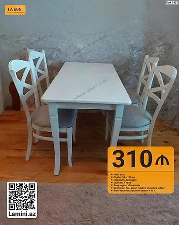 Masa dəsti - Tərkibi: 1 masa + 4 ədəd stul - Ölçülər: masa 70 × 120