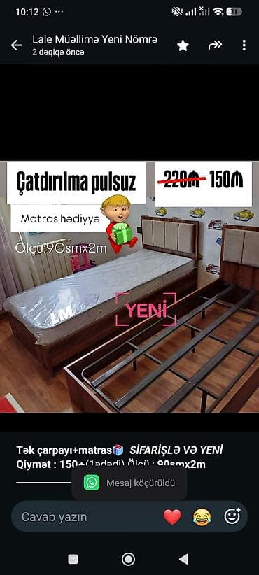 tek kravat: *Tək çarpayı+matras🎁* _*SİFARİŞLƏ VƏ YENİ*_ *Qiymət : 150₼*(1ədədi) — 2