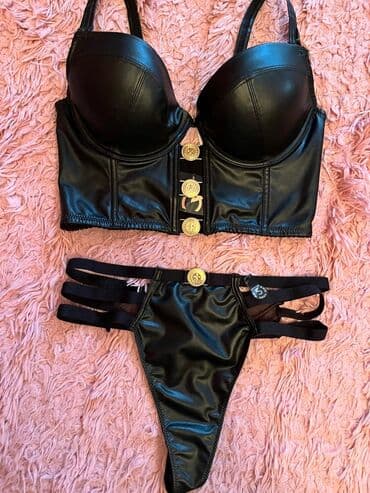 qadın kostyum: Qara dəri effektli lingerie dəsti - 2 hissədən ibarət: uzun korset — 1