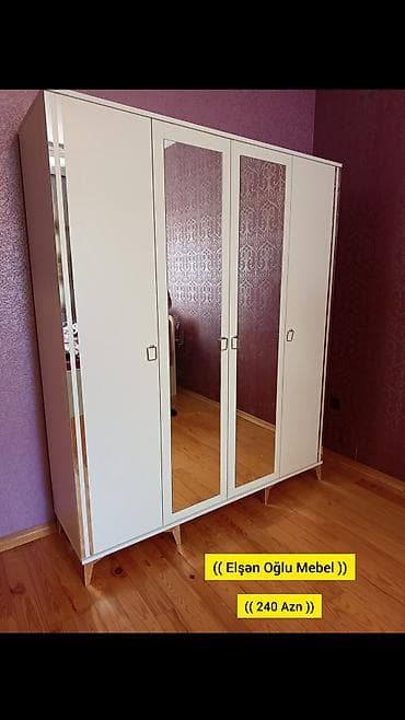 Yeni, 4 qapılı, Güzgülü, Ağ, Digər material, Açılan, Düz dolab
