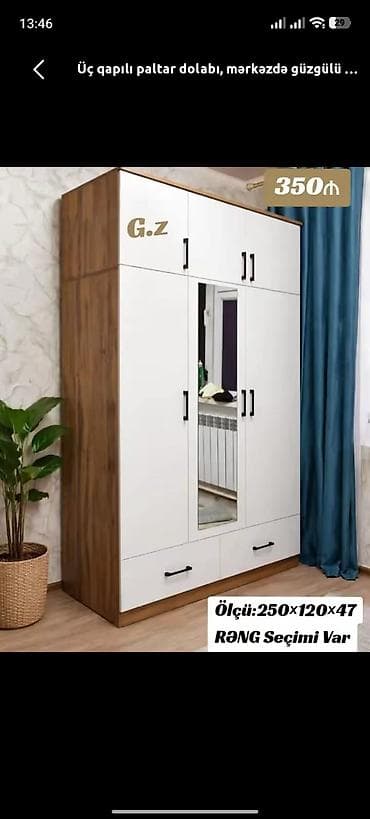 Üç qapılı paltar dolabı – mərkəzdə güzgülü model • Ölçü: 250 × 120 ×