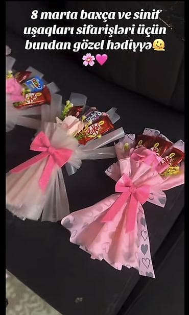 diz yağı: 8 Mart üçün şokoladlı mini buketlər - Dizayn: Zərif hədiyyə kağızında — 3