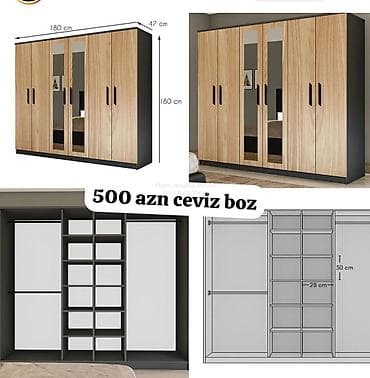 islenmis skaf: Yeni, 6 qapı, Güzgülü, Bej, Digər material, Açılan, Düz dolab — 1