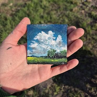 Velosiped ehtiyyat hissələri: Miniatür akril boya tablo – açıq səma və çəmənlik mənzərəsi - — 3