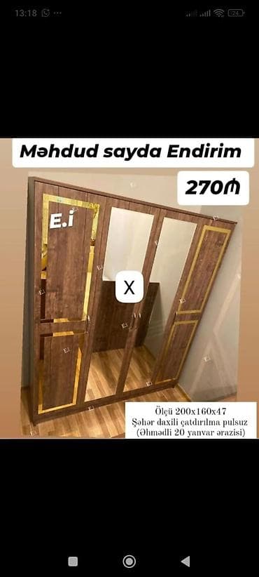 Şkaf – 3 qapılı, aynalı, dekorativ qızılı haşiyələr ilə - Ölçü: 200 x