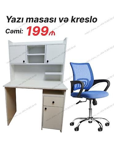 Yazı masası və kreslo dəsti Ağ rəngli yazı masası funksional quruluşa