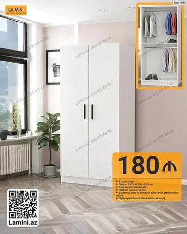 İki qapılı geyim dolabı – minimal dizayn, ağ rəng Xüsusiyyətlər: - — 1