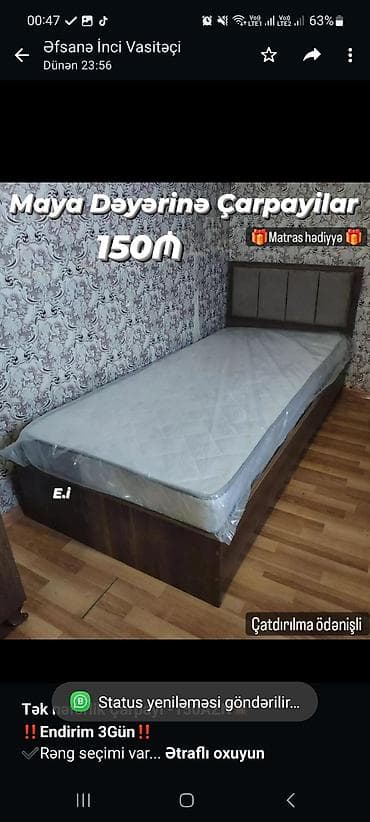 *Tək nəfərlik Çarpayı -150AZN💥* *‼️Endirim 3Gün‼️* ✔️Rəng seçimi var — 1