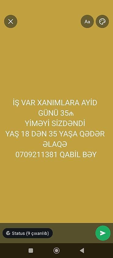 sumqayitda xadime: Xanımlar üçün iş təklifi - Günlük əməkhaqqı: 35 ₼ - Yaş tələbi: 18–35 — 1